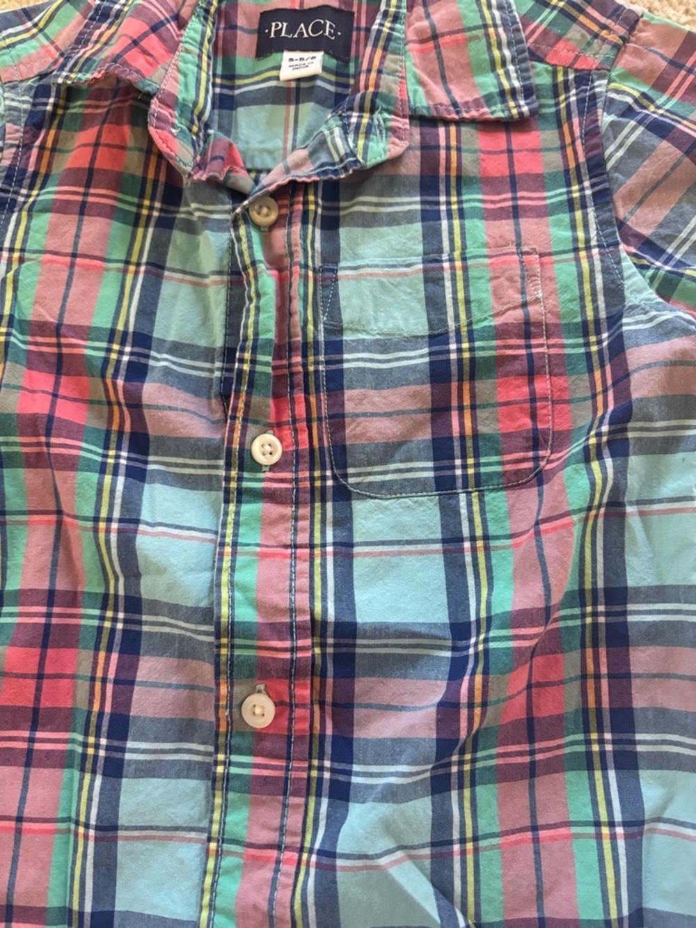 The Children's Place Mint, Navy & Coral Plaid Short-Sleeve Button-Down Shirt - Picture 3 of 5